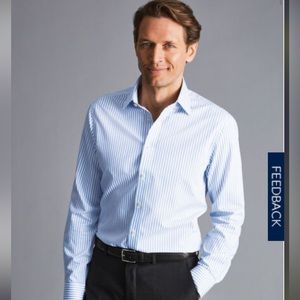 Charles Tyrwhitt Non-Iron Twill Stripe Shirt Cornflower Blue Size 18/34 inches